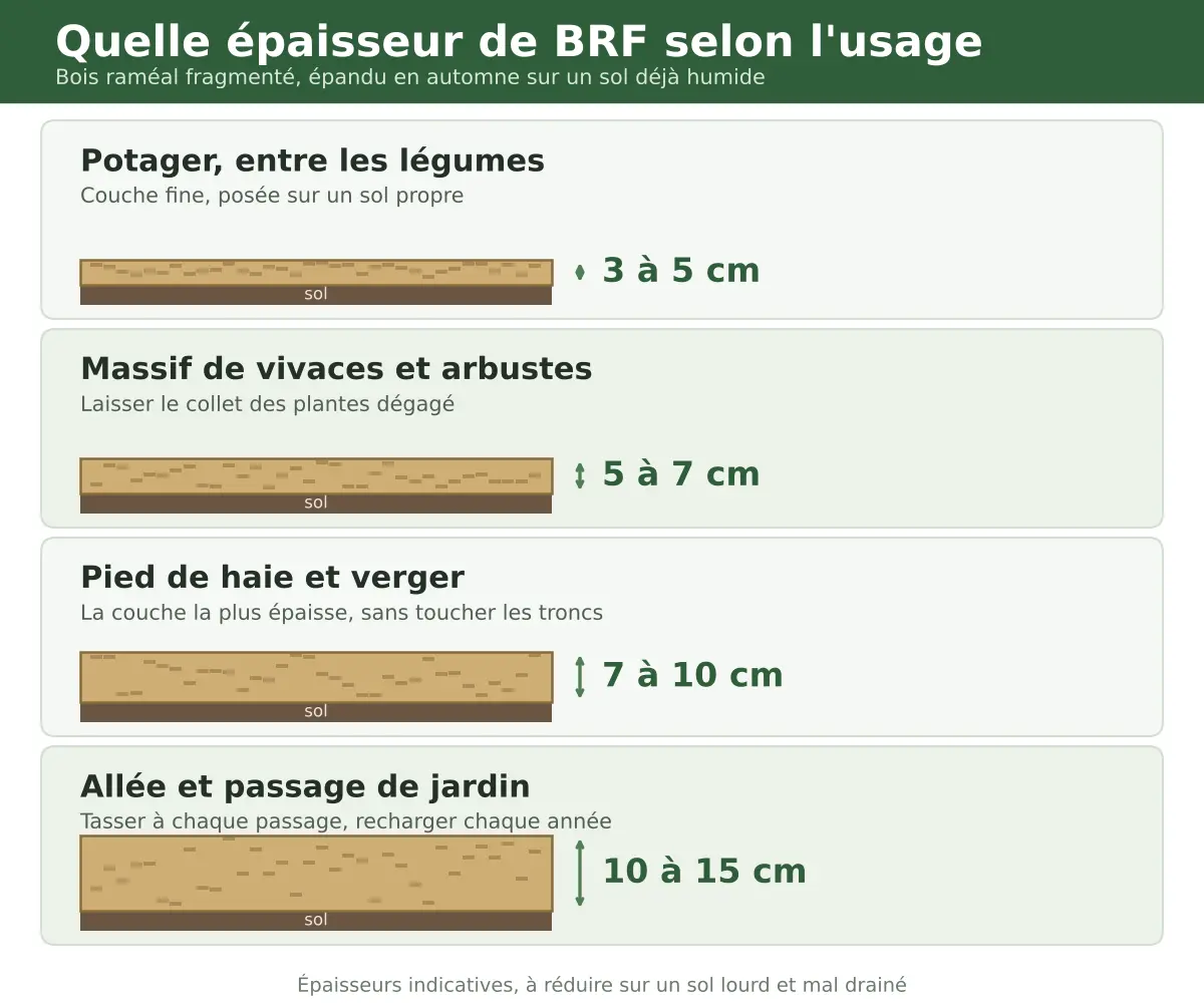 Infographie en coupe montrant l'&eacute;paisseur de BRF conseill&eacute;e au potager, en massif, au pied d'une haie et sur une all&eacute;e