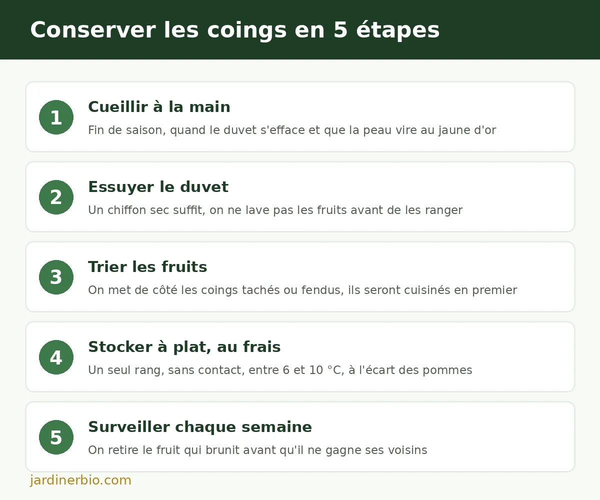 Infographie des cinq &eacute;tapes pour conserver les coings : cueillir, essuyer le duvet, trier, stocker &agrave; plat au frais, surveiller